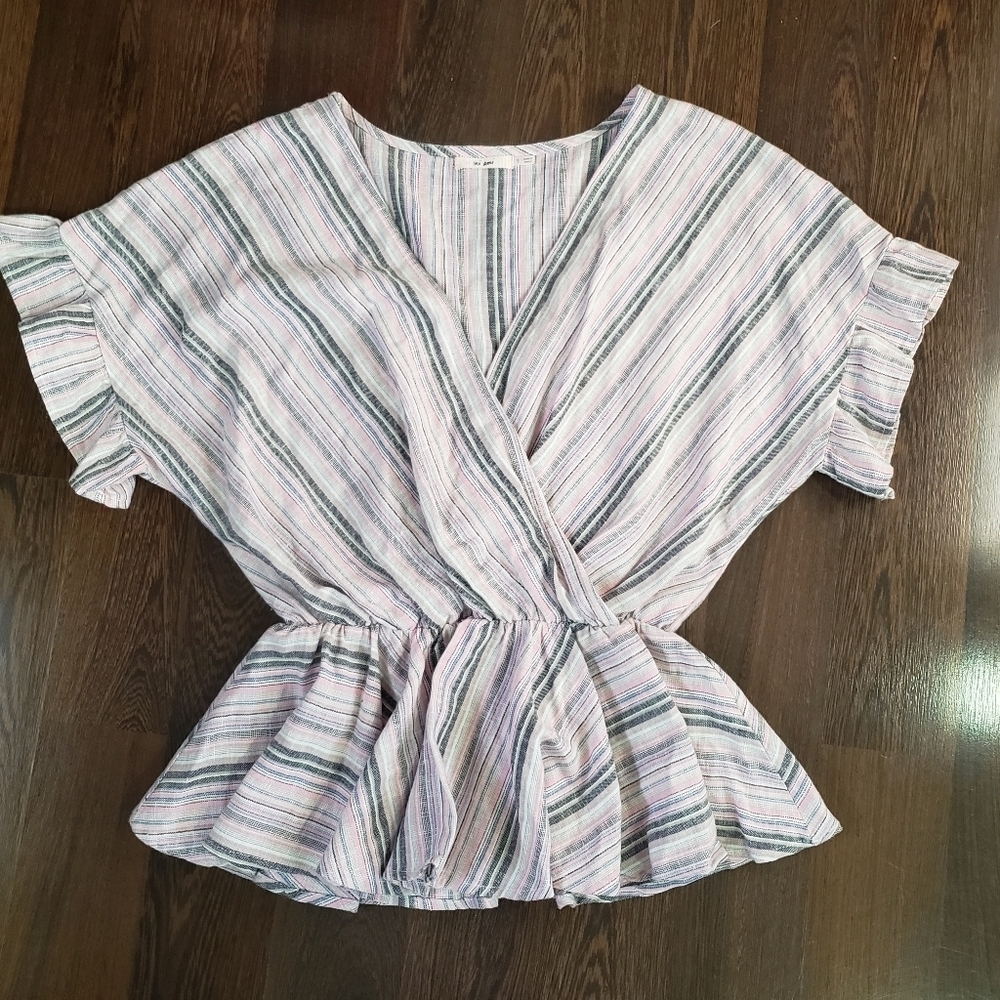 Mi Ami Striped Peplum Top Pink Blue Linen Blend Ruffle Sleeve Womens Small